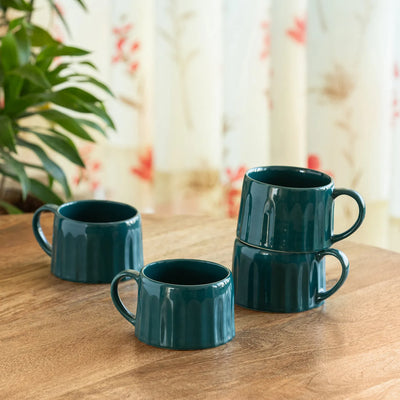 ExclusiveLane 'Mermaid Ribbed' Ceramic Tea And Coffee Mugs (Set of 4, 250 ML, Microwave Safe, Hand-Embossed)
