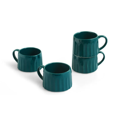 ExclusiveLane 'Mermaid Ribbed' Ceramic Tea And Coffee Mugs (Set of 4, 250 ML, Microwave Safe, Hand-Embossed)