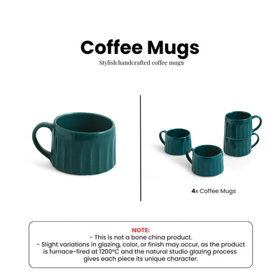ExclusiveLane 'Mermaid Ribbed' Ceramic Tea And Coffee Mugs (Set of 4, 250 ML, Microwave Safe, Hand-Embossed)