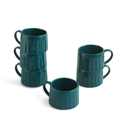ExclusiveLane 'Aqua' Ceramic Tea And Coffee Mugs (Set of 6, 250 ML, Microwave Safe, Hand-Embossed)