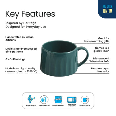 ExclusiveLane 'Aqua' Ceramic Tea And Coffee Mugs (Set of 6, 250 ML, Microwave Safe, Hand-Embossed)