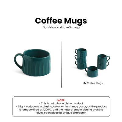 ExclusiveLane 'Aqua' Ceramic Tea And Coffee Mugs (Set of 6, 250 ML, Microwave Safe, Hand-Embossed)