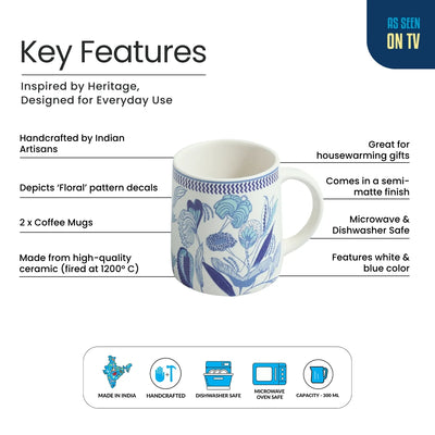 ExclusiveLane 'Floral Bliss' Ceramic Tea And Coffee Mugs (Set of 2, 300 ML, Microwave Safe, Handcrafted)