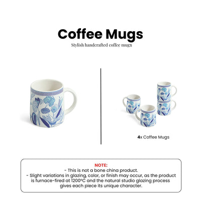 ExclusiveLane 'Floral Bliss' Ceramic Tea And Coffee Mugs (Set of 4, 300 ML, Microwave Safe, Handcrafted)