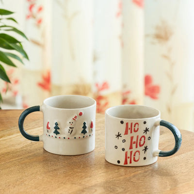 ExclusiveLane 'Christmas Charm' Ceramic Tea And Coffee Mugs (Set of 2, 330 ML, Microwave Safe, Hand-Embossed)