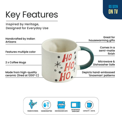 ExclusiveLane 'Christmas Charm' Ceramic Tea And Coffee Mugs (Set of 2, 330 ML, Microwave Safe, Hand-Embossed)