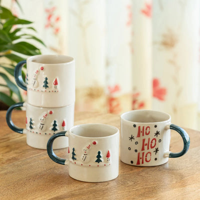 ExclusiveLane 'Christmas Charm' Ceramic Tea And Coffee Mugs (Set of 4, 330 ML, Microwave Safe, Hand-Embossed)