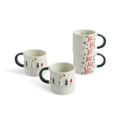 ExclusiveLane 'Christmas Charm' Ceramic Tea And Coffee Mugs (Set of 4, 330 ML, Microwave Safe, Hand-Embossed)