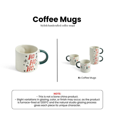 ExclusiveLane 'Christmas Charm' Ceramic Tea And Coffee Mugs (Set of 4, 330 ML, Microwave Safe, Hand-Embossed)