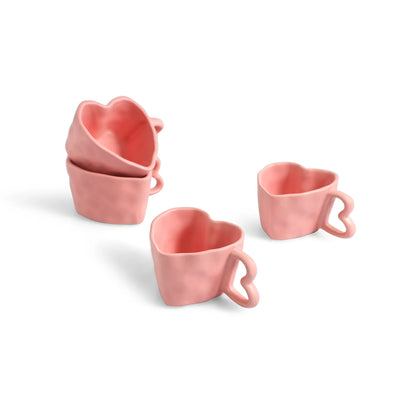 ExclusiveLane 'Heart Pink' Ceramic Tea And Coffee Mugs (Set of 4, 250 ML, Microwave Safe, Hand-Embossed)