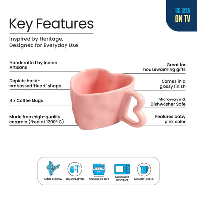 ExclusiveLane 'Heart Pink' Ceramic Tea And Coffee Mugs (Set of 4, 250 ML, Microwave Safe, Hand-Embossed)