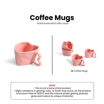 ExclusiveLane 'Heart Pink' Ceramic Tea And Coffee Mugs (Set of 4, 250 ML, Microwave Safe, Hand-Embossed)