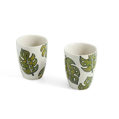 ExclusiveLane 'Leaf Foliage' Ceramic Tea And Coffee Mugs (Set of 2, 280 ML, Microwave Safe, Hand-Painted)