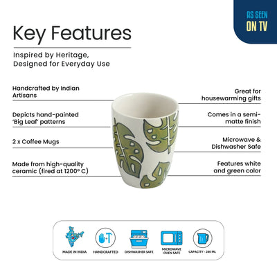ExclusiveLane 'Leaf Foliage' Ceramic Tea And Coffee Mugs (Set of 2, 280 ML, Microwave Safe, Hand-Painted)