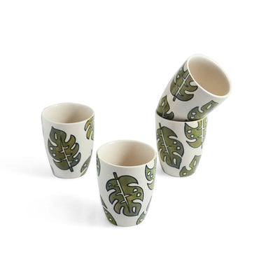 ExclusiveLane 'Leaf Foliage' Ceramic Tea And Coffee Mugs (Set of 4, 280 ML, Microwave Safe, Hand-Painted)