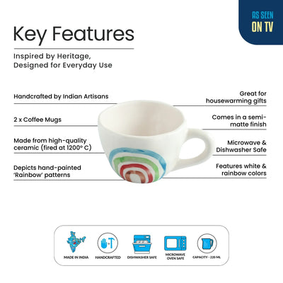 ExclusiveLane 'Rainbow Bright' Ceramic Tea And Coffee Mugs (Set of 2,  220 ML, Microwave Safe, Hand-Painted)