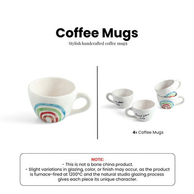 ExclusiveLane 'Rainbow Bright' Ceramic Tea And Coffee Mugs (Set of 4, 220 ML, Microwave Safe, Hand-Painted)