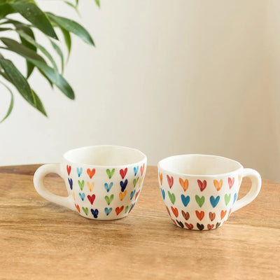 ExclusiveLane 'Colourfull Hearts' Ceramic Tea And Coffee Mugs (Set of 2, 270 ML, Microwave Safe, Hand-Painted)