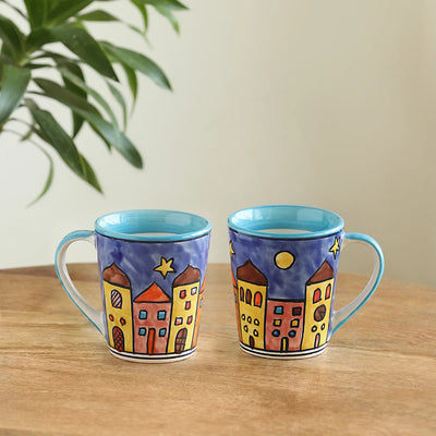 ExclusiveLane 'Night City' Ceramic Tea And Coffee Mugs (Set of 2, 350 ML, Microwave Safe, Hand-Painted)