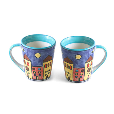 ExclusiveLane 'Night City' Ceramic Tea And Coffee Mugs (Set of 2, 350 ML, Microwave Safe, Hand-Painted)