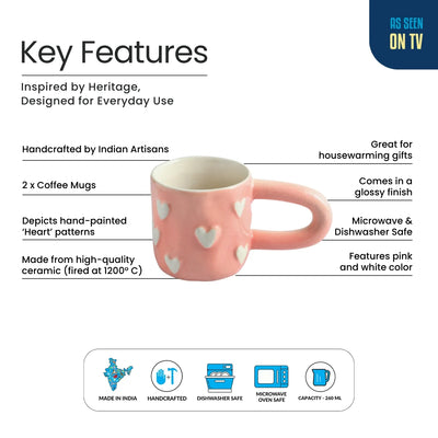 ExclusiveLane 'Heart Bump' Ceramic Tea And Coffee Mugs (Set of 2, 260 ML, Microwave Safe, Hand-Embossed)