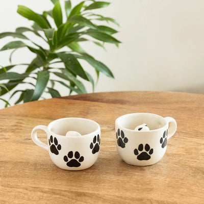 ExclusiveLane 'Furry Friend Suprise' Ceramic Tea And Coffee Mugs (Set of 2, 210 ML, Microwave Safe, Hand-Embossed)