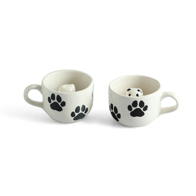 ExclusiveLane 'Furry Friend Suprise' Ceramic Tea And Coffee Mugs (Set of 2, 210 ML, Microwave Safe, Hand-Embossed)