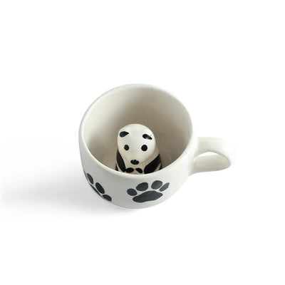 ExclusiveLane 'Furry Friend Suprise' Ceramic Tea And Coffee Mugs (Set of 2, 210 ML, Microwave Safe, Hand-Embossed)