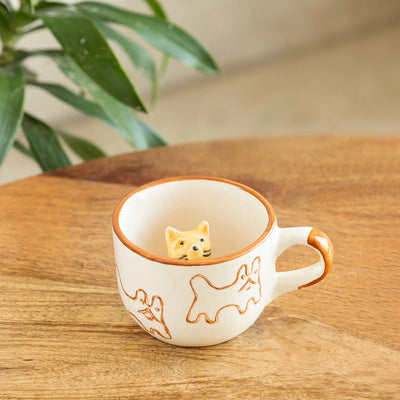 ExclusiveLane 'Cute Cat Suprise' Ceramic Tea And Coffee Mugs (240 ML, Microwave Safe, Hand-Embossed)