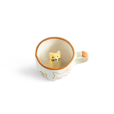 ExclusiveLane 'Cute Cat Suprise' Ceramic Tea And Coffee Mugs (240 ML, Microwave Safe, Hand-Embossed)