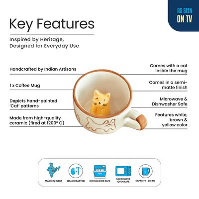 ExclusiveLane 'Cute Cat Suprise' Ceramic Tea And Coffee Mugs (240 ML, Microwave Safe, Hand-Embossed)