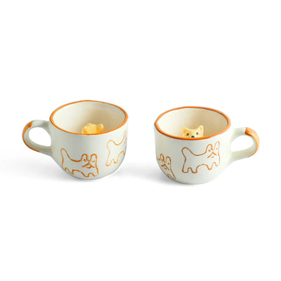 ExclusiveLane 'Cute Cat Suprise' Ceramic Tea And Coffee Mugs (Set of 2, 240 ML, Microwave Safe, Hand-Embossed)