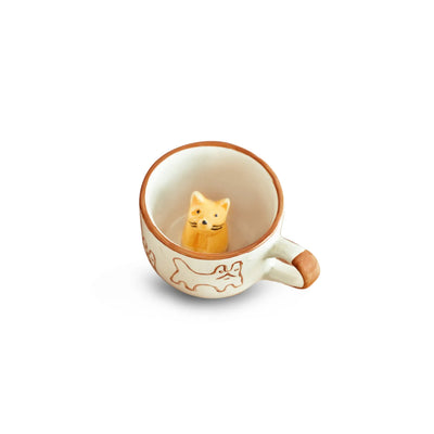 ExclusiveLane 'Cute Cat Suprise' Ceramic Tea And Coffee Mugs (Set of 2, 240 ML, Microwave Safe, Hand-Embossed)