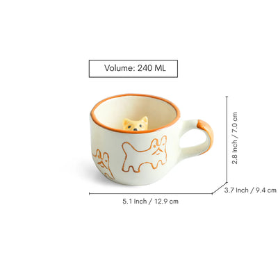 ExclusiveLane 'Cute Cat Suprise' Ceramic Tea And Coffee Mugs (Set of 2, 240 ML, Microwave Safe, Hand-Embossed)