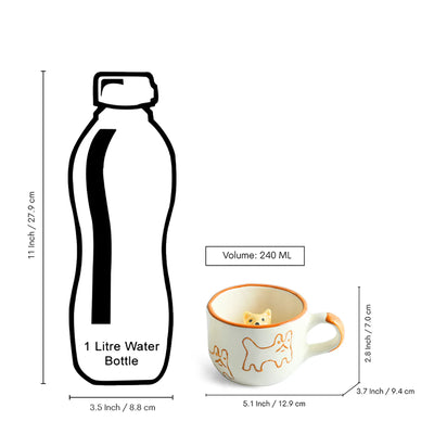 ExclusiveLane 'Cute Cat Suprise' Ceramic Tea And Coffee Mugs (Set of 2, 240 ML, Microwave Safe, Hand-Embossed)