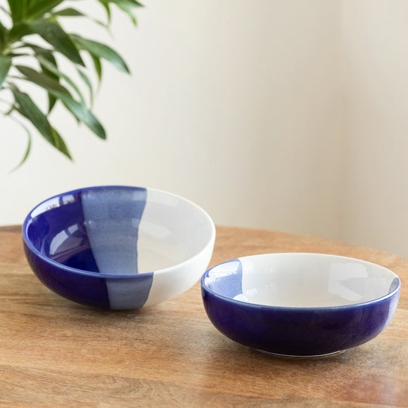  'The Blue Hues' Ceramic Serving/Snack Bowls (Set of 2, 680 ML, Hand-Glazed)