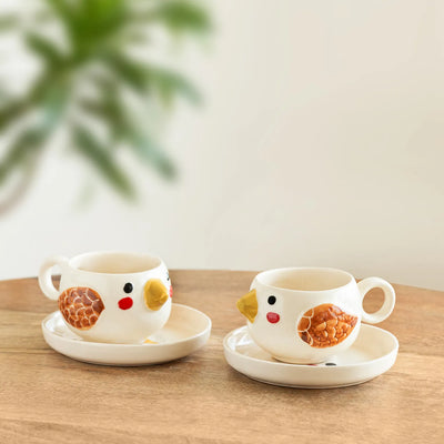ExclusiveLane 'Pooky Bird' Ceramic Cups & Saucers For Coffee & Tea (Set of 2, 250 ML, Microwave Safe, Hand-Painted)