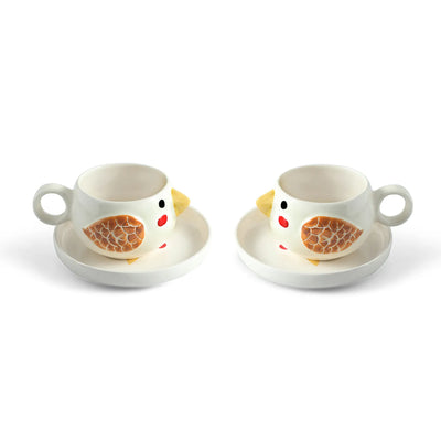 ExclusiveLane 'Pooky Bird' Ceramic Cups & Saucers For Coffee & Tea (Set of 2, 250 ML, Microwave Safe, Hand-Painted)