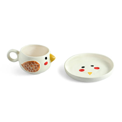 ExclusiveLane 'Pooky Bird' Ceramic Cups & Saucers For Coffee & Tea (Set of 2, 250 ML, Microwave Safe, Hand-Painted)