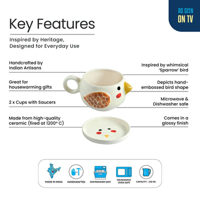ExclusiveLane 'Pooky Bird' Ceramic Cups & Saucers For Coffee & Tea (Set of 2, 250 ML, Microwave Safe, Hand-Painted)