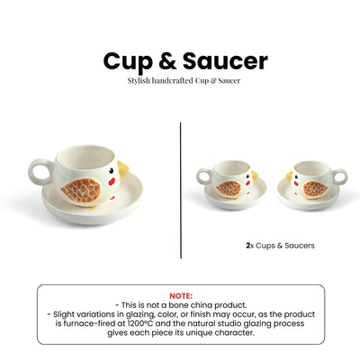 ExclusiveLane 'Pooky Bird' Ceramic Cups & Saucers For Coffee & Tea (Set of 2, 250 ML, Microwave Safe, Hand-Painted)