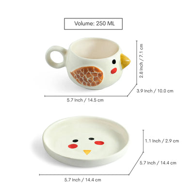 ExclusiveLane 'Pooky Bird' Ceramic Cups & Saucers For Coffee & Tea (Set of 2, 250 ML, Microwave Safe, Hand-Painted)