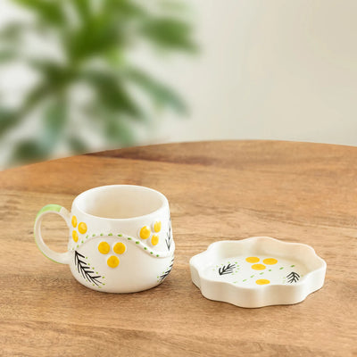 ExclusiveLane 'Spring Bloosom' Ceramic Cup & Saucer For Coffee & Tea (310 ML, Microwave Safe, Hand-Painted)