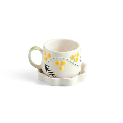 ExclusiveLane 'Spring Bloosom' Ceramic Cup & Saucer For Coffee & Tea (310 ML, Microwave Safe, Hand-Painted)