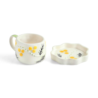 ExclusiveLane 'Spring Bloosom' Ceramic Cup & Saucer For Coffee & Tea (310 ML, Microwave Safe, Hand-Painted)