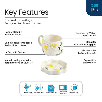 ExclusiveLane 'Spring Bloosom' Ceramic Cup & Saucer For Coffee & Tea (310 ML, Microwave Safe, Hand-Painted)