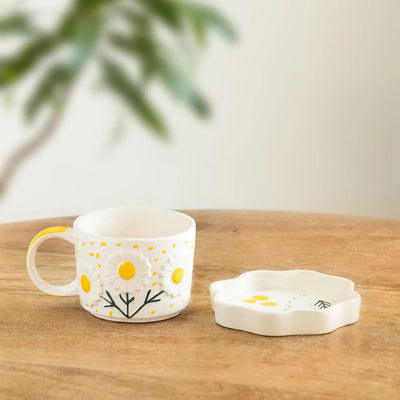 ExclusiveLane 'Floral Bloom' Ceramic Cup & Saucer For Coffee & Tea (300 ML, Microwave Safe, Hand-Painted)