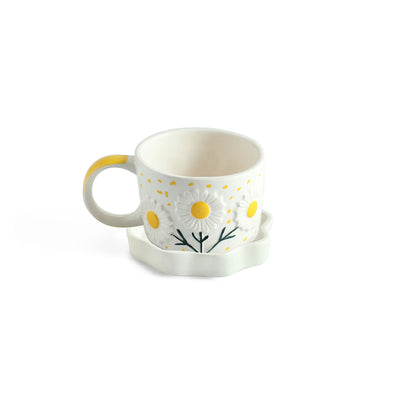 ExclusiveLane 'Floral Bloom' Ceramic Cup & Saucer For Coffee & Tea (300 ML, Microwave Safe, Hand-Painted)