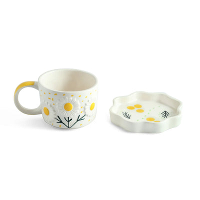 ExclusiveLane 'Floral Bloom' Ceramic Cup & Saucer For Coffee & Tea (300 ML, Microwave Safe, Hand-Painted)