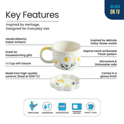 ExclusiveLane 'Floral Bloom' Ceramic Cup & Saucer For Coffee & Tea (300 ML, Microwave Safe, Hand-Painted)